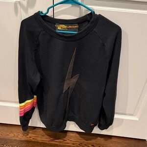 Aviator Nation Sweatshirt with Lightning Bolt and Neon Rainbow Stripes